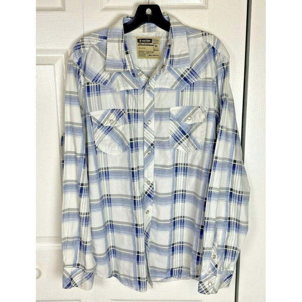 Machine Long Sleeve Blue Plaid Shirt W/Pearl Snap Buttons size XL